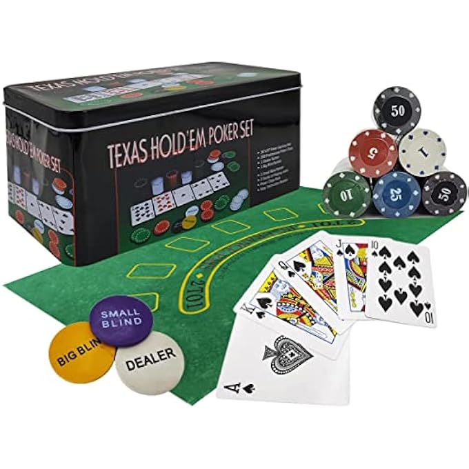 rayihni طقم لعبة البوكر 200 قطعة - يتضمن حصيرة هولدم، 2 مجموعة بطاقات، رقائق، حامل رقائق وصندوق تخزين معدني - مستلزمات ليلة ألعاب ممتعة - حفلة عائلية مع الأصدقاء، عيد ميلاد، عطلة - Image 2